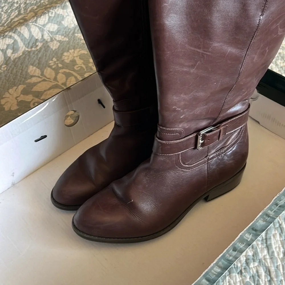 zip up LRL Brown Leather Knee-High Boots with side buckle - Picture 4 of 15